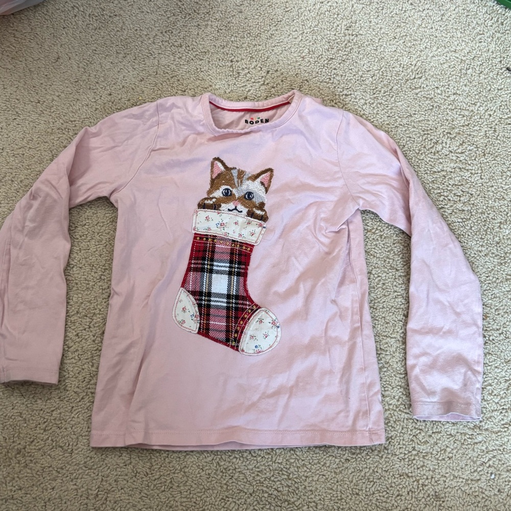 Mini Boden Pink Long Sleeve Shirt with Cat in Stocking